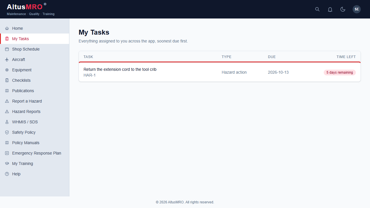 My Tasks page listing everything assigned to the signed-in person, soonest due first
