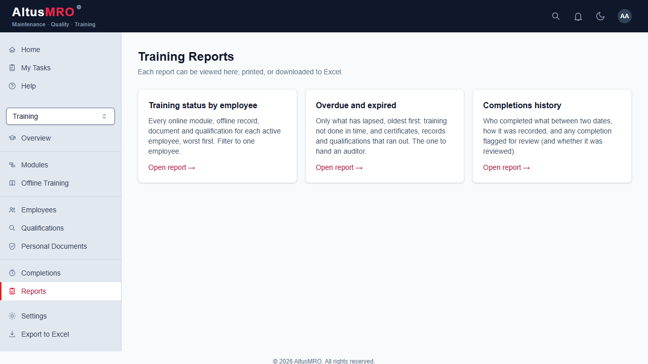 Training Reports page with status, overdue and completions reports